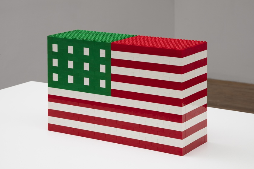 Eight American Christmas Lego Flags, Lego bricks, 9 ⅞ × 15 × 5 ⅛ in. (25.08 × 38.10 × 13.02 cm) 63 × 31 ½ × 29 ½ in. (160.02 × 80.01 × 74.93 cm) (base), Dimensions variable