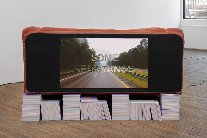 couch and fern, 2020, 2021, 2022, 2023, 1934  Sofa with video screen, fern, floral foam, sound  sofa:  86 × 80 × 180 in. (218.44 × 203.20 × 457.20 cm)  Dimensions variable  Video (16:9): 28:22 minutes