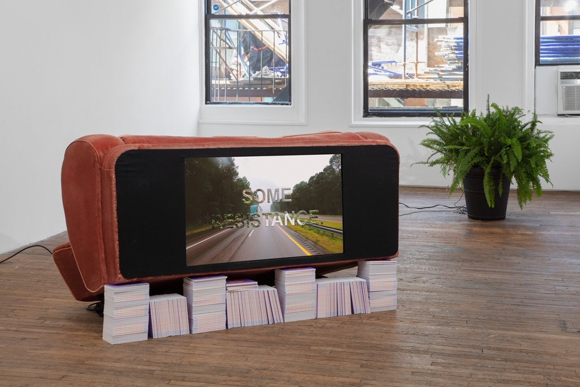 couch and fern, 2020, 2021, 2022, 2023, 1934  Sofa with video screen, fern, floral foam, sound  sofa:  86 × 80 × 180 in. (218.44 × 203.20 × 457.20 cm)  Dimensions variable  Video (16:9): 28:22 minutes