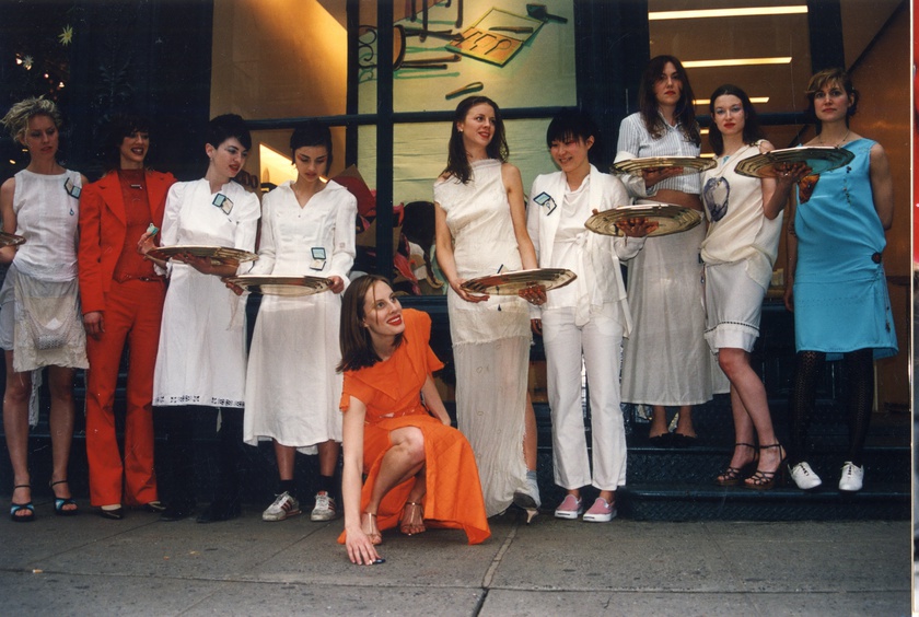 Liz Goldwyn wearing an orange RUN dress designed by Susan Cianciolo at a Shiseido store event in Soho
