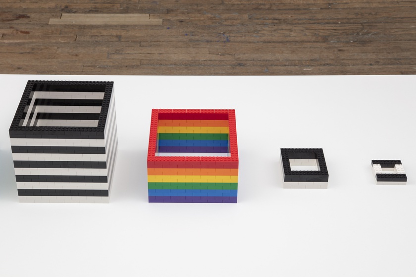 Striped Towers, 2025, Lego bricks Table: 63 × 31 ½ × 29 ½ in. (160.02 × 80.01 × 74.93 cm), Dimensions variable