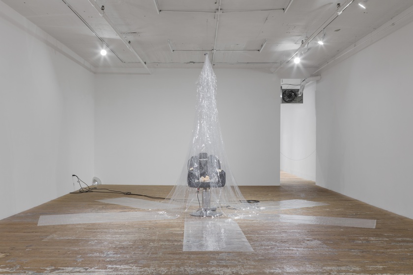 Installation View - GLITTER AND THE LION'S MANE, 2020, 2021, 2022, 2023,1.8 Ga  Barbershop chair, urethane, acrylic, glitter, iron, lion's mane mushrooms, motor  45 × 26 × 36 in. (114.30 × 66.04 × 91.