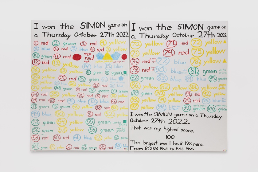 I won the SIMON gave on Thursday October 27th 2022, 2023, Marker on canvas, Diptych, each: 48 × 36 × ¾ in. (121.92 × 91.44 × 1.91 cm)