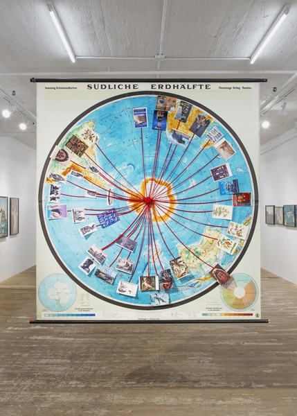 Landkartenobject mit Zeichnungen un applizierten Postkarten III [Map object with drawings and applied postcards III], 2011