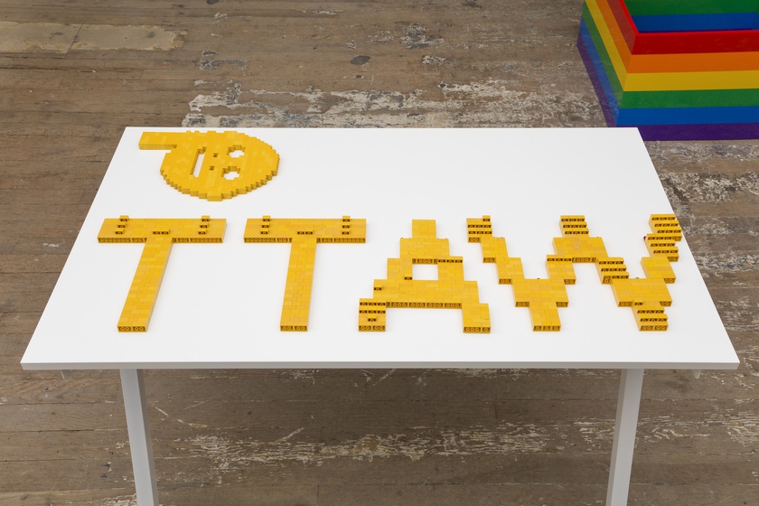 Backwards Watt and Lego Mask, 1995, Table: 63 × 31 ½ × 29 ½ in. (160.02 × 80.01 × 74.93 cm) Dimensions variable