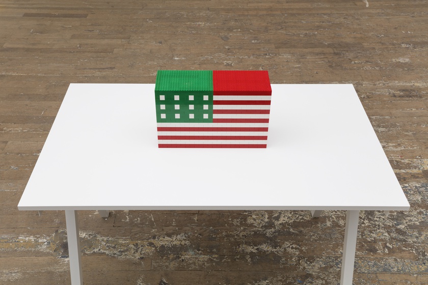 Eight American Christmas Lego Flags, Lego bricks, 9 ⅞ × 15 × 5 ⅛ in. (25.08 × 38.10 × 13.02 cm) 63 × 31 ½ × 29 ½ in. (160.02 × 80.01 × 74.93 cm) (base), Dimensions variable	