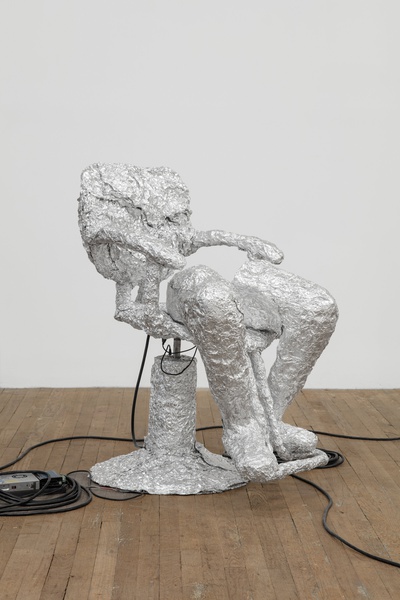 FOIL MANE: HANDSHAKES AND HEARTBREAKS, 2020, 2021, 2022, 2023, 1913  Barbershop chair, aluminum foil, cardboard, LED lights, motor  39 × 26 × 31 in. (99.06 × 66.04 × 78.74 cm)