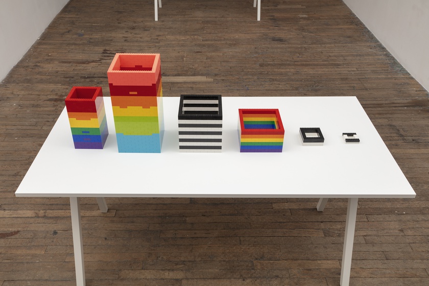 Striped Towers, 2025, Lego bricks Table: 63 × 31 ½ × 29 ½ in. (160.02 × 80.01 × 74.93 cm), Dimensions variable