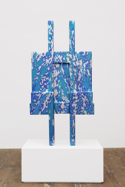 Untitled, 2024. Wood, plywood, acrylic 63.6 × 32.3 × 9 ¼ in. (161.54 × 82.04 × 23.50 cm), plinth: 16 × 39.4 × 20 ½ in. (40.64 × 100.08 × 52.07 cm)