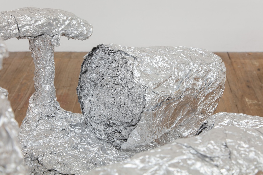 FOIL MANE: HANDSHAKES AND HEARTBREAKS, 2020, 2021, 2022, 2023, 1913 (detail)  Barbershop chair, aluminum foil, cardboard, LED lights, motor  39 × 26 × 31 in. (99.06 × 66.04 × 78.74 cm)