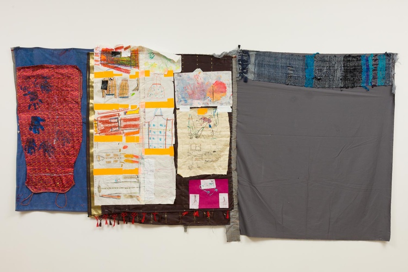 Susan Cianciolo, Tapestry 3, 2017 Mixed fabric, drawings and tape 60 × 116 in. (152.40 × 294.64 cm)