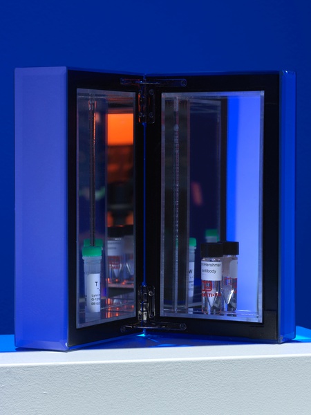 Room #8 from the “Infinity Engine” series, 2018 (detail of vial of Lynnhershman Antibody (produced by Novartis))