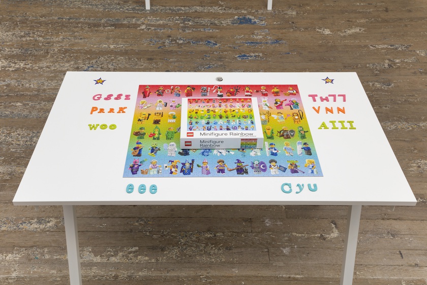 The Rainbow Puzzle, 2024, Table: 63 × 31 ½ × 29 ½ in. (160.02 × 80.01 × 74.93 cm) Dimensions variable
