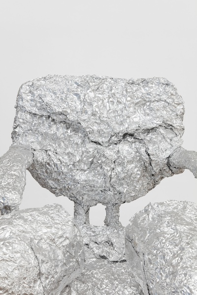 FOIL MANE: HANDSHAKES AND HEARTBREAKS, 2020, 2021, 2022, 2023, 1913 (detail)  Barbershop chair, aluminum foil, cardboard, LED lights, motor  39 × 26 × 31 in. (99.06 × 66.04 × 78.74 cm)