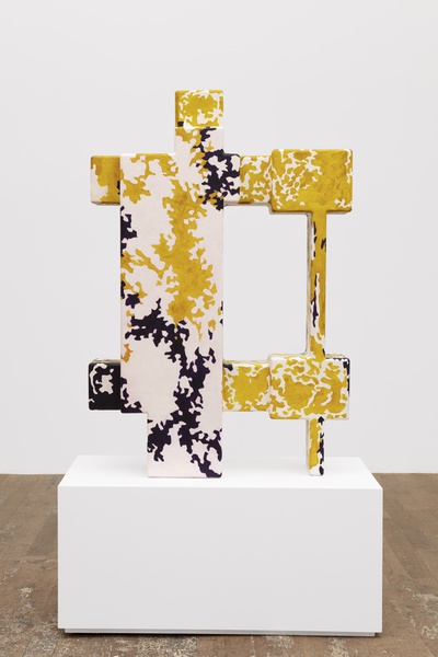 Untitled, 2024. Wood, plywood, oil and acrylic 47 ¼ × 32.3 × 9 ¼ in. (120.02 × 82.04 × 23.50 cm), plinth: 17 × 38 × 20 ½ in. (43.18 × 96.52 × 52.07 cm)