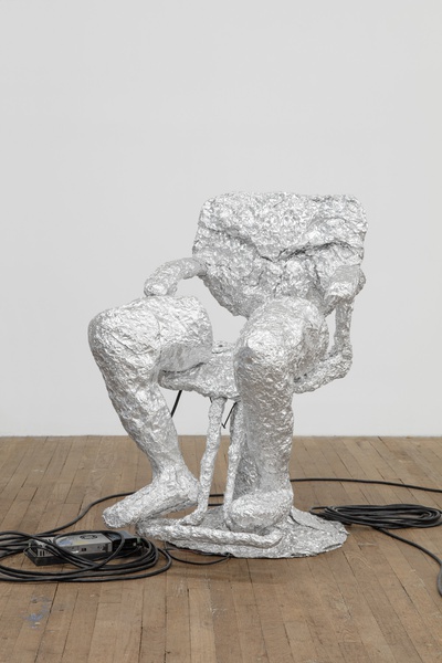 FOIL MANE: HANDSHAKES AND HEARTBREAKS, 2020, 2021, 2022, 2023, 1913  Barbershop chair, aluminum foil, cardboard, LED lights, motor  39 × 26 × 31 in. (99.06 × 66.04 × 78.74 cm)
