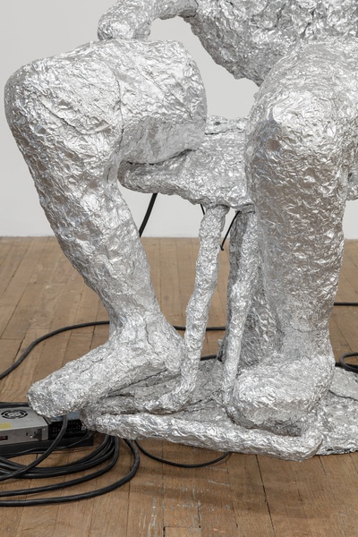 FOIL MANE: HANDSHAKES AND HEARTBREAKS, 2020, 2021, 2022, 2023, 1913 (detail)  Barbershop chair, aluminum foil, cardboard, LED lights, motor  39 × 26 × 31 in. (99.06 × 66.04 × 78.74 cm)